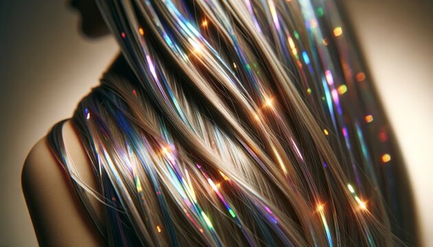 A close-up of hair extensions that include strands of holographic tinsel, adding a futuristic touch to the hairstyle.