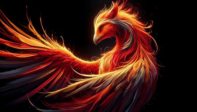 A phoenix reborn from ashes, its feathers a mix of radiant red, orange, and yellow glows, symbolizing rebirth and renewal.