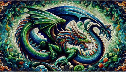 Fototapeta premium A detailed and vibrant image of a mythical dragon, its scales a mix of deep greens and blues, depicted in a colorful mosaic style.