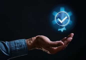 Businessman Holding Icons Representing ISO Quality Control Assurance Standards, Certificate, and Blue Check Mark on Black Background, Emphasizing Business Standard Auditing and Certification