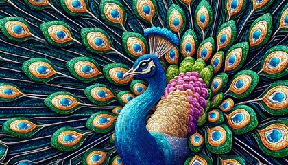 A detailed and vibrant image of a peacock with its tail fanned out, showcasing an array of iridescent mosaic tiles that mimic the bird's natura. © FantasyLand86