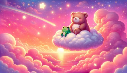 Fototapeta premium A whimsical scene with a bear and a frog sitting on a fluffy cloud drifting through a vibrant pink and orange sunset sky, surrounded by twinkling star.