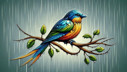 A colorful, stylized bird similar to the one in the original artwork, perched on a branch during a rainy day.