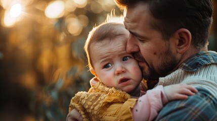Obraz premium Father comforting his crying baby daughter in the park