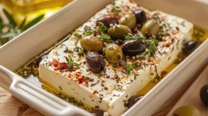 Baked feta cheese with seasoned black and green olives in a baking dish