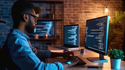 A software developer is engrossed in writing code on dual monitors, indicative of the concentration required in software engineering. AIG41