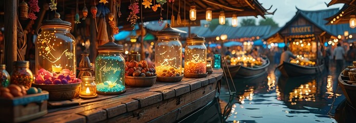 Obraz premium Illuminated Jars on a Wooden Boat Dock.