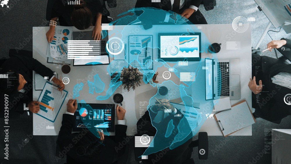 Poster top down aerial view of skilled business team listening manager present global networking system whi