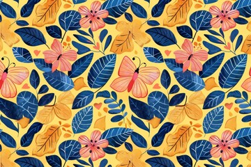 Floral Pattern with a Butterfly on Yellow Background