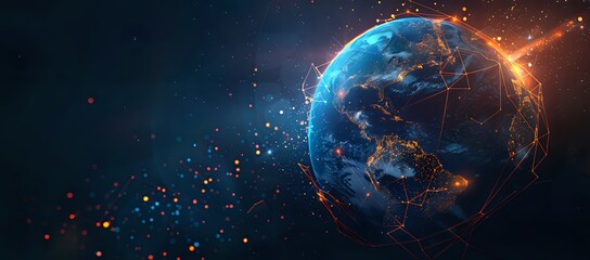 Fototapeta premium Earth view from Southern Hemisphere with Americas, telecommunications network, and data packets