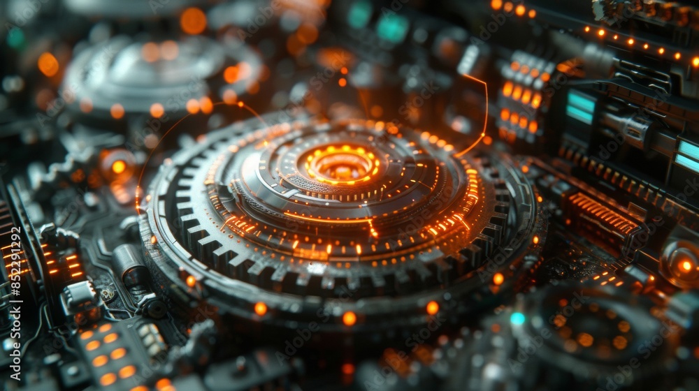 Poster technology evolution with an image that combines traditional elements with futuristic tech symbols. 