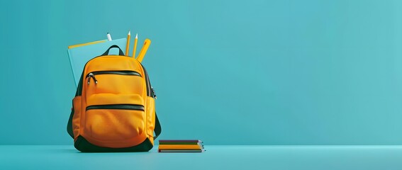 A yellow backpack with school supplies is placed on the right side of an isolated blue background, creating a minimalist and modern style. The backpack stands out against the solid color backdrop, 