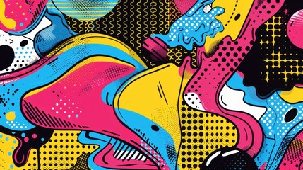 Vibrant Abstract Pop Art Composition Featuring Bold Colors and Dynamic Patterns