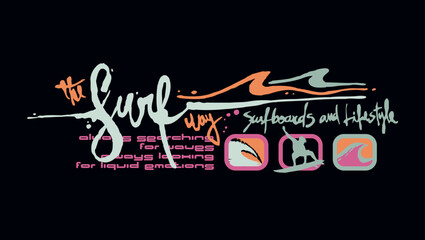 Vector illustration of handmade lettering with stylized waves and surfer. Art for printing on t-shirts and etc...