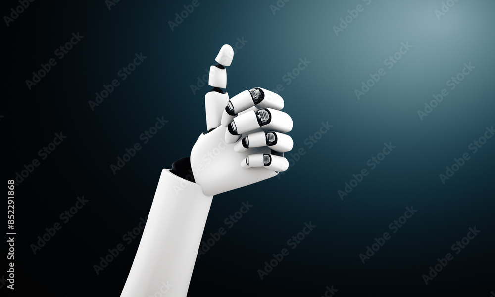Poster mlp 3d illustration robot humanoid hands up to celebrate goals success achieved by using ai artifici