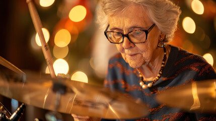 Elderly Woman Playing Drums with Festive Lighting in the Background