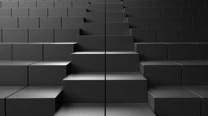 An abstract image showcasing a series of black blocks arranged to create the illusion of a staircase, emphasizing perspective and depth