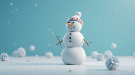 Fototapeta premium Get in the holiday spirit with a charming Christmas card featuring a cheerful snowman and snowflakes on a serene blue backdrop.