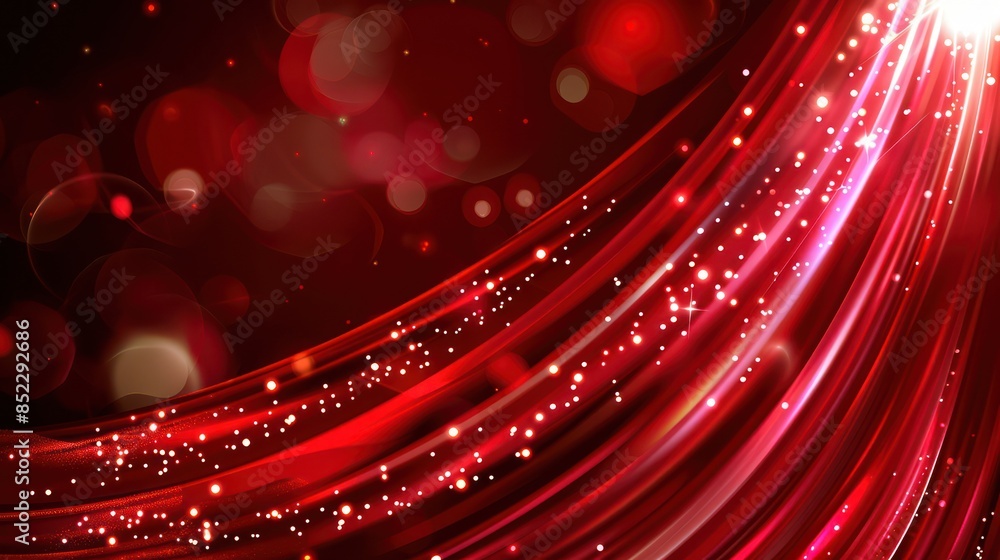 Poster a vivid red background with dynamic abstract light waves and sparkling bokeh effects, conveying a se