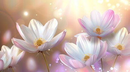 Fototapeta premium Illustration of radiant, delicate flowers with a magical glow against a soft, bokeh light background, evoking a dreamlike atmosphere
