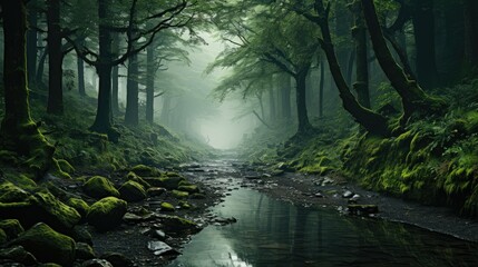 Obraz premium A green forest with fog