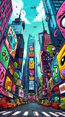 Capture a surreal, whimsical Worms-eye view of Blockheads in a bustling cityscape, reflecting playfulness in colorful, digital art with dynamic perspectives