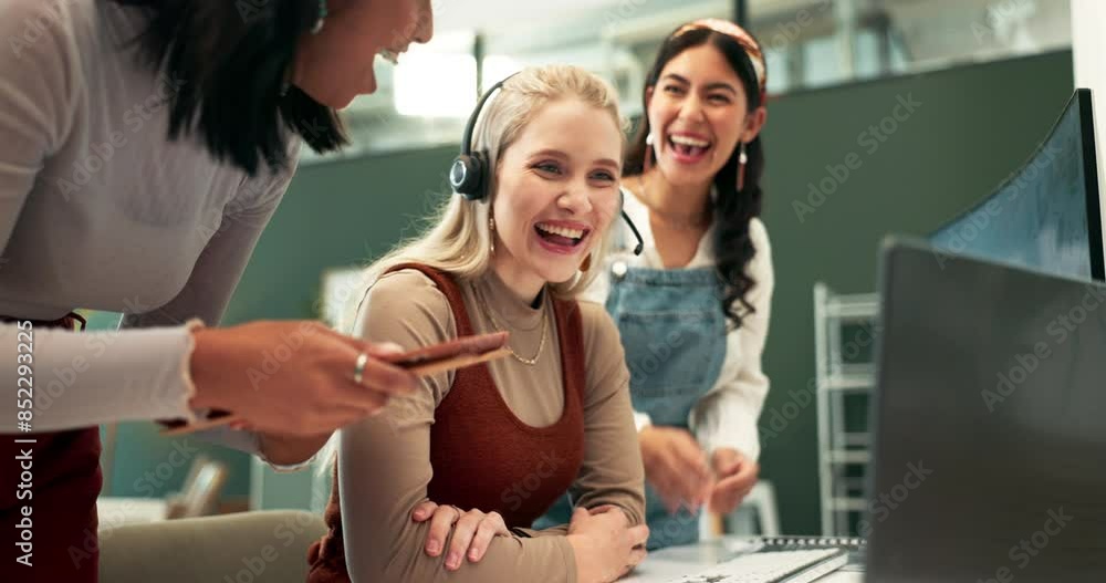 Poster Happiness, startup and team in office with computer, excited and success in crm with tech. Women, teamwork and applause for sale with wow, promotion and collaboration for contact us with headset