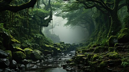 A green forest with fog