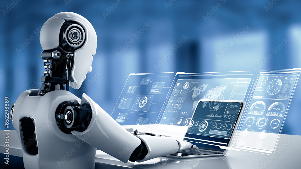 Poster mlp 3d illustration robot hominoid use laptop and sit at table for big data analytic using ai thinki