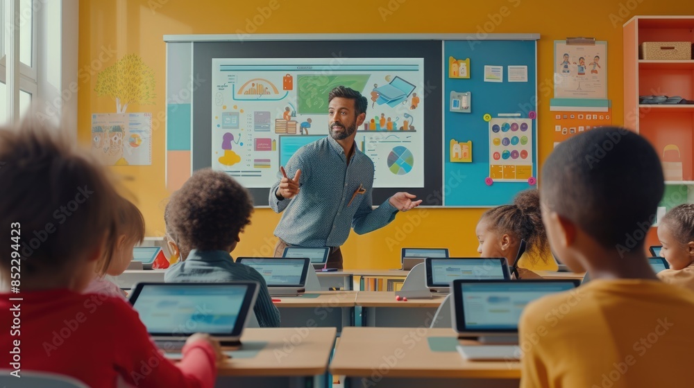Poster portrait of teacher teaching about ai at digital classroom. multicultural elementary student learnin