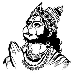 Vector illustration of Lord Hanuman giving blessing to all,  hand-drawn black and white Hindu God, silhouette