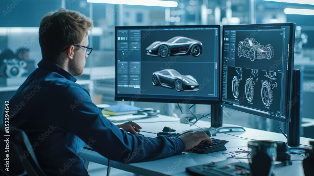 Poster a man sits at a desk with two computer monitors, using a personal computer and peripherals for engin
