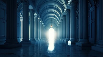 Fototapeta premium A grand hall with classical columns and a bright light source at the far end, giving a sense of mystery and grandeur