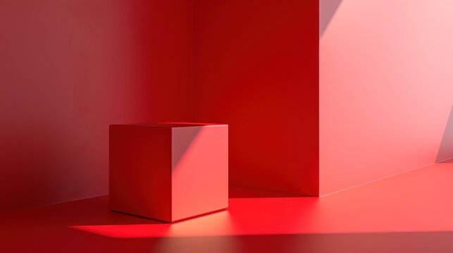 A minimalist composition featuring a red cube centered on a red background with geometric shadows and highlights