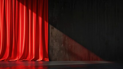 Red velvet theater curtains partially open with spotlight and shadow on stage, evoking anticipation and performance