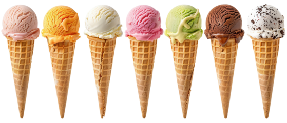 A row of seven colorful ice cream cones in assorted flavors on white background, showcasing delicious and refreshing dessert options.