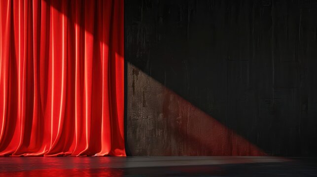 Red velvet theater curtains partially open with spotlight and shadow on stage, evoking anticipation and performance
