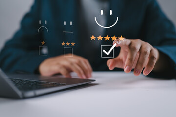 Customer Satisfaction Survey Concept, Users Rate Service Experiences On Online Application, Customers Can Evaluate Quality Of Service Leading To Business Reputation Rating. Good feedback and review.