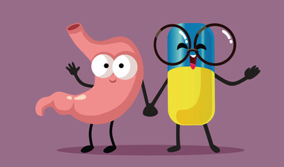 Happy Stomach Holding Hands with Treatment Pill Vector Cartoon. Pharmaceutical medication for gut health working in unity
