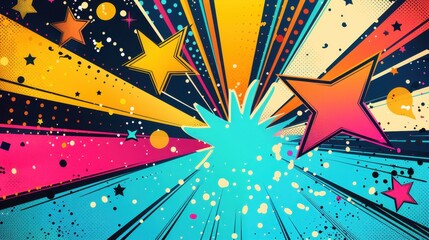 Vibrant Pop Art Explosion with Stars and Color Bursts