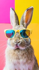 Cool bunny with sunglasses on colorful background
