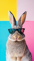 Fototapeta premium Cool bunny with sunglasses on colorful background
