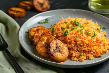 Fototapeta premium A plate of vibrant orange rice, sautéed in canola oil and served with golden brown fried plantains. The dish is set against an isolated dark background,