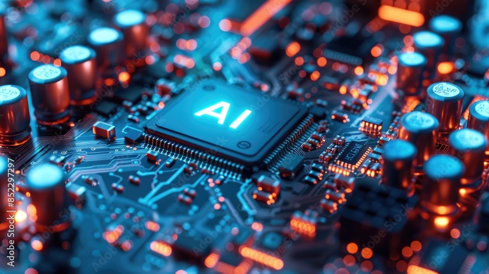 Poster artificial intelligence and ai technology concept processor chip or mother board background llms