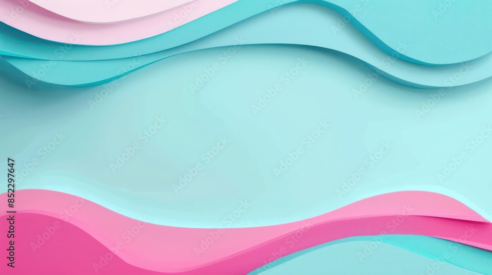 Poster an image featuring multiple layers of colorful paper with a wavy design, primarily in shades of blue