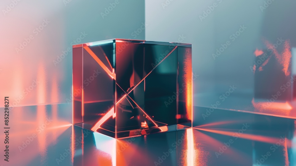 Poster transparent cube on a reflective surface with a sunset background. abstract image of cube made from 