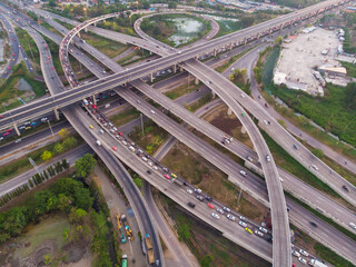 City transport traffic intersection road with car vehicle movement at dusk aerial view