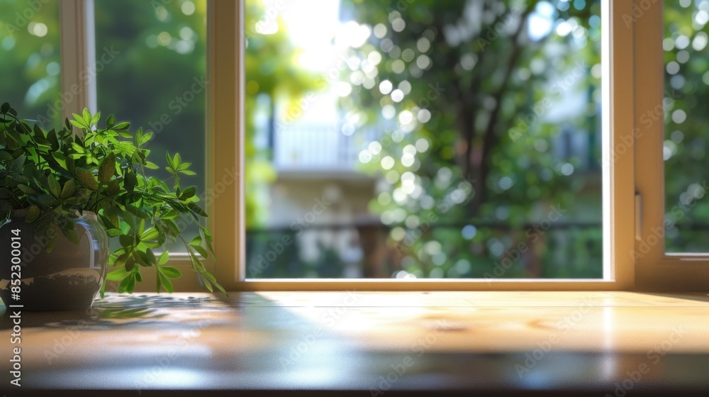 Aufkleber background image of close up of a window with green leaves outside. window view of tree leave and bl