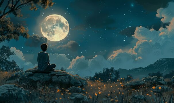 a lonely boy sitting on a rock looking at the bright moon at night in the style of surrealistic symbolism