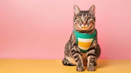 Cute tabby cat wearing a green and yellow bandana on a pink and yellow background